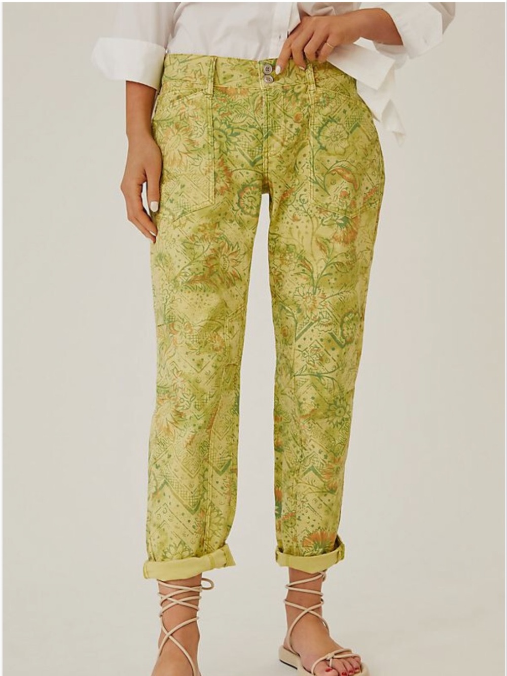 Anthropologie Pilcro The Wanderer Pants 31 Green Floral Patchwork Low Rise Boho - Picture 5 of 16